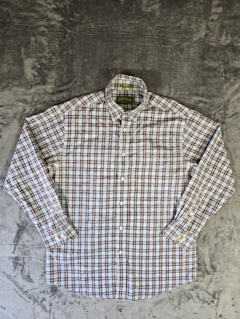 Vintage Orvis Plaid Button Up Shirt Size Medium Blue Brown